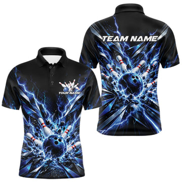 Maxcorners Custom Black And Blue Lightning Bowling Tournament Jersey, Bowling Team Men Polo Shirt LM0410