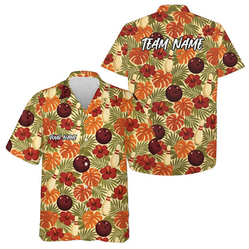Maxcorners Custom Tropical Leaves And Hibiscus Flower Hawaiian Bowling Team Shirt For Men And Women LM0503