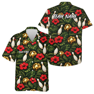 Maxcorners Custom Tropical Leaves And Hibiscus Flower Golden Bowling Ball Hawaiian Bowling Team Shirt LM0503