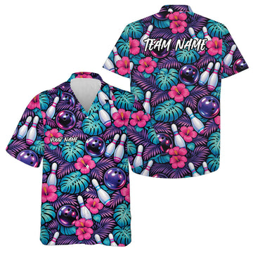 Maxcorners Custom Pink, Purple And Blue Tropical Leaves And Hibiscus Flower Bowling Hawaiian Shir LM0503