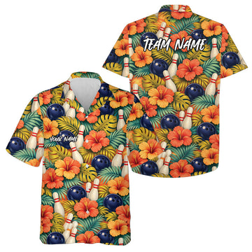 Maxcorners Custom Tropical Leaves And Hibiscus Flower Golden Bowling Ball Hawaiian Bowling Team Shirt 1 LM0503