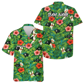 Maxcorners Custom Tropical Leaves And Hibiscus Flower Hawaiian Bowling Shirts For Men And Women 4 LM0503