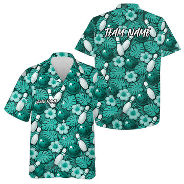 Maxcorners Custom Blue Tropical Leaves And Hibiscus Flower Hawaiian Bowling Shirts For Men And Women LM0503