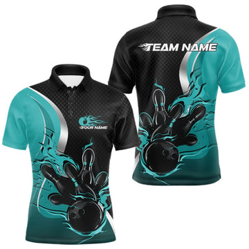 Maxcorners Custom Black And Turquoise Blue Flame Bowling Team Jersey, Bowling Polo Shirt For Men LM0409