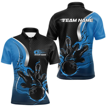 Maxcorners Custom Black And Blue Flame Bowling Team Jersey, Bowling Polo Shirt For Men LM0409
