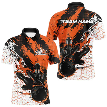 Maxcorners Custom Black, White And Orange Flame Bowling Jersey, Bowling Team Men Polo Shirt LM0409