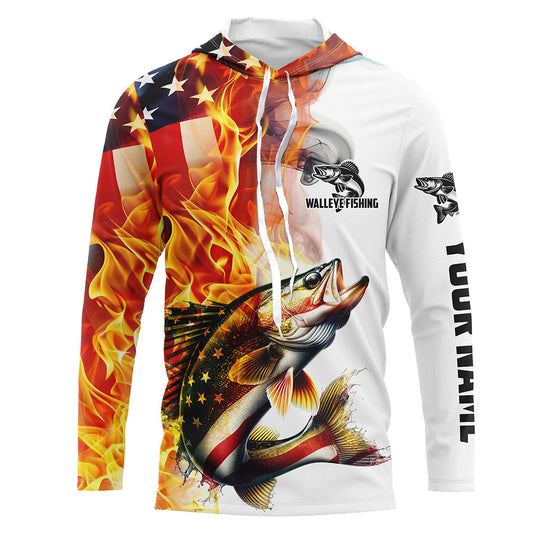 Maxcorners Flame American Flag Custom Walleye Fishing Shirts, Patriotic Walleye Long Sleeve Fishing Jerseys LM0501