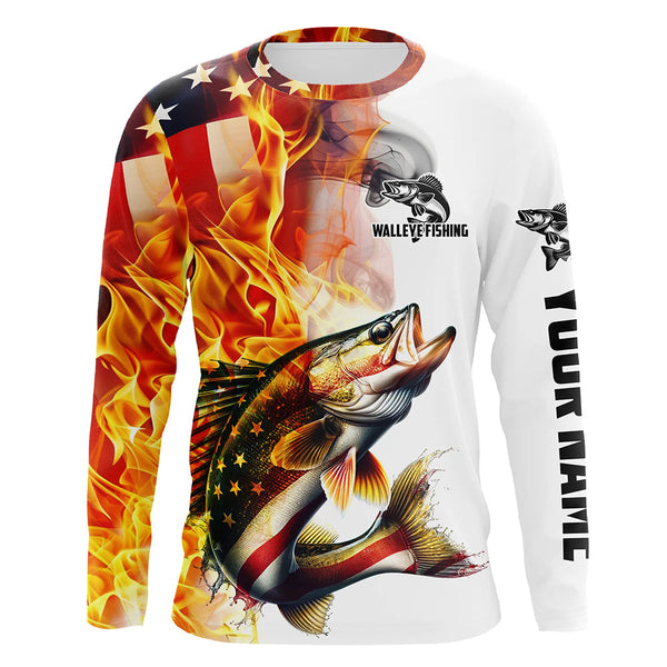 Maxcorners Flame American Flag Custom Walleye Fishing Shirts, Patriotic Walleye Long Sleeve Fishing Jerseys LM2408