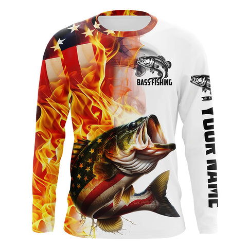 Maxcorners Flame American Flag Custom Bass Fishing Shirts, Patriotic Bass Long Sleeve Fishing Jerseys LM2408