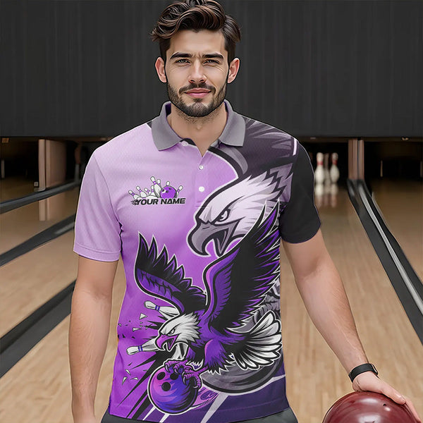 Maxcorners Custom Eagle Bowling Jerseys With Names, Purple Eagle Bowling League Men Polo Shirts