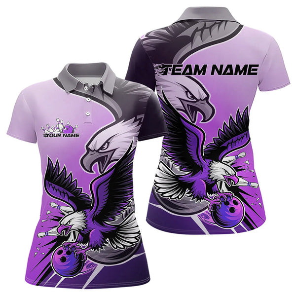 Maxcorners Custom Eagle Bowling Jerseys With Names, Purple Eagle Bowling League Men Polo Shirts