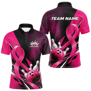 Maxcorners Custom Black And Pink Ribbon Breast Cancer Awareness Bowling Team Jersey Men Polo Shirt LM0409