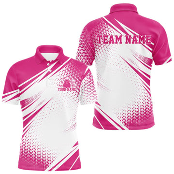 Maxcorners Custom White And Pink Geometric Classic Retro Bowling League Men Polo Shirt For Team LM0409