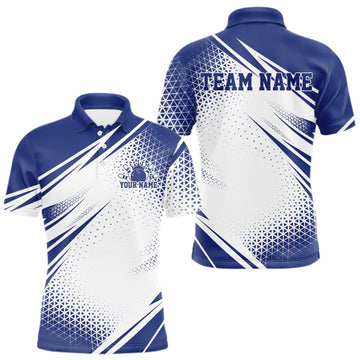Maxcorners Custom White And Blue Geometric Classic Retro Bowling League Men Polo Shirt For Team LM0409