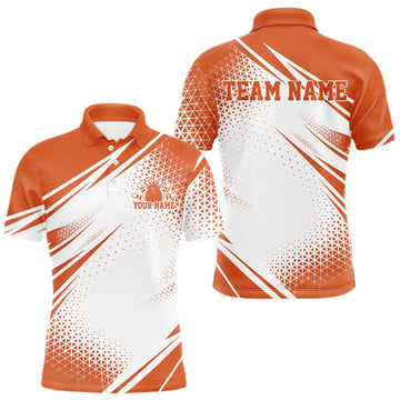 Maxcorners Custom White And Orange Geometric Classic Retro Bowling League Men Polo Shirt For Team LM0409