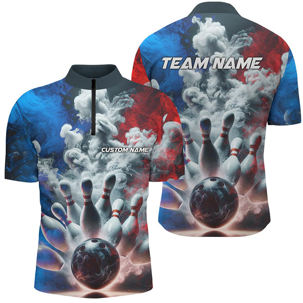 MaxCorners Bowling And Pins Strike Jerseys Customized Name, Team Name 3D Stand Collar Zipper Polo Shirt For Men