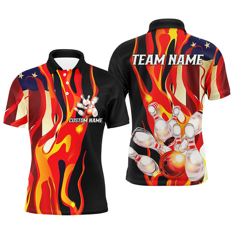 MaxCorners Bowling And Pins Flame American Flag Customized Name, Team Name 3D Polo Shirt Unisex