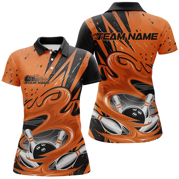 Maxcorners Black And Orange Custom Flame Bowling League Shirts, Bowler Polo Shirts