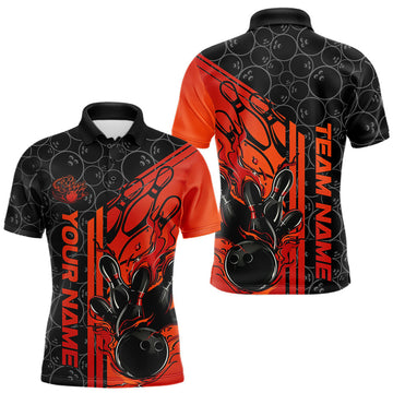 Maxcorners Custom Black And Red Orange Flame Bowling Polo Shirts For Men, Bowling Pattern Shirt