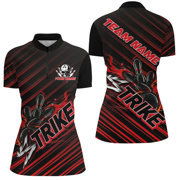 Maxcorners Custom Black And Red Flame Strike Bowling Shirts For Men, Bowling League Bowling Uniform