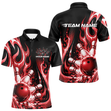Maxcorners Custom Black And Red Flame Bowling Jersey For Men, Bowling League Polo Shirt LM0410