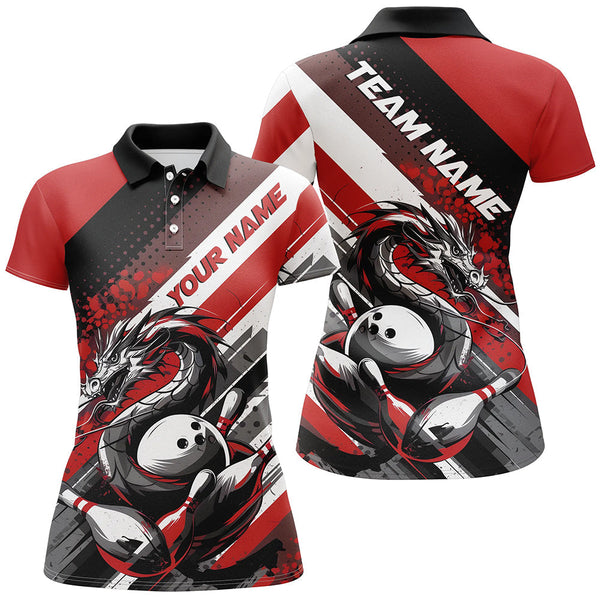 Maxcorners Black And Red Custom Dragon Bowling Polo Shirts For Women, Dragon Bowling League Shirt