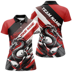 Maxcorners Black And Red Custom Dragon Bowling Polo Shirts For Women, Dragon Bowling League Shirt