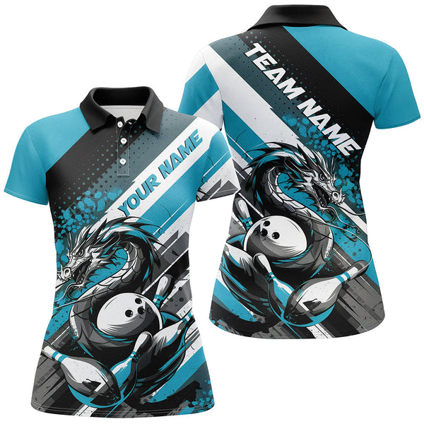Maxcorners Black And Blue Custom Dragon Bowling Polo Shirts For Women, Dragon Bowling League Shirt