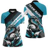 Maxcorners Black And Blue Custom Dragon Bowling Polo Shirts For Women, Dragon Bowling League Shirt