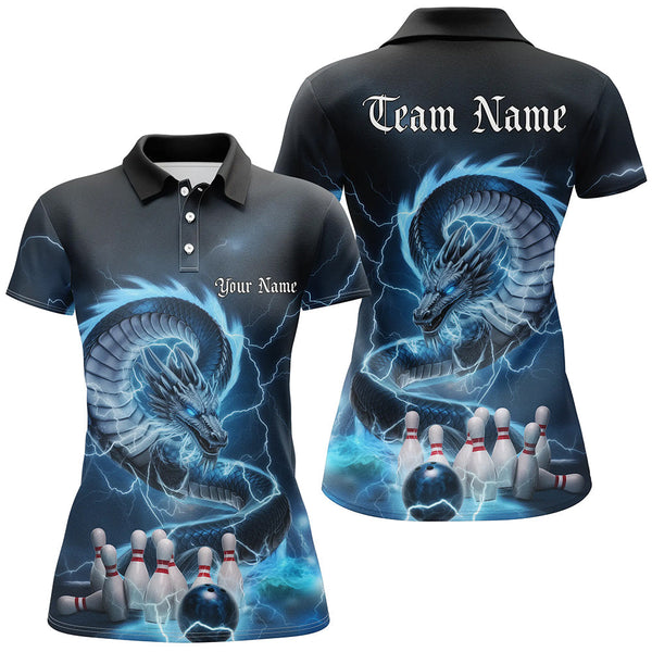 Maxcorners Custom Black And Blue Thunder Lightning Dragon Bowling Polo Shirts For Men Bowling Jerseys
