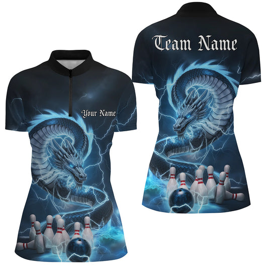 Maxcorners Custom Black And Blue Thunder Lightning Dragon Bowling Polo Shirts For Women Bowling Jerseys