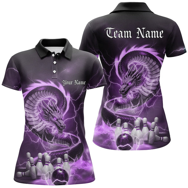 Maxcorners Custom Black And Purple Thunder Lightning Dragon Bowling Polo Shirts For Men Bowling Jerseys