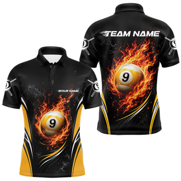 Maxcorners Custom Black And Yellow Flame 9 Ball Billiards Jersey, Pool Team Men Polo Shirt