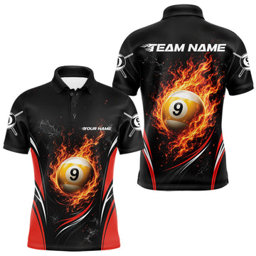 Maxcorners Custom Black And Red Flame 9 Ball Billiards Jersey, Pool Team Men Polo Shirt