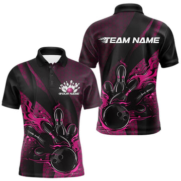 Maxcorners Custom Black And Pink Flame Bowling Polo Shirt For Men, Bowling Team Tournament Jersey LM0404