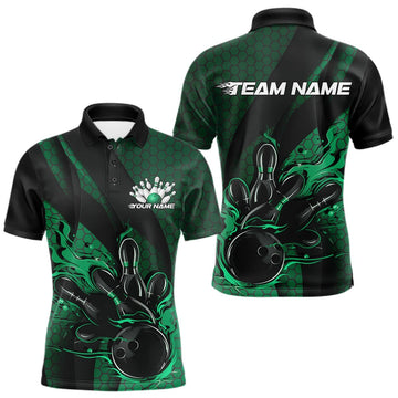 Maxcorners Custom Black And Green Flame Bowling Polo Shirt For Men, Bowling Team Tournament Jersey LM0404