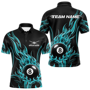 Maxcorners Custom Turquoise Blue Tribal Flame 8 Ball Billiards Men Polo Shirt, Pool League Shirt