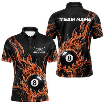 Maxcorners Custom Orange Tribal Flame 8 Ball Billiards Men Polo Shirt, Pool League Shirt
