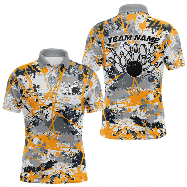 Maxcorners Custom Yellow Splatter Bowling Team Polo Shirts For Men And Women Bowling Tournament Shirts
