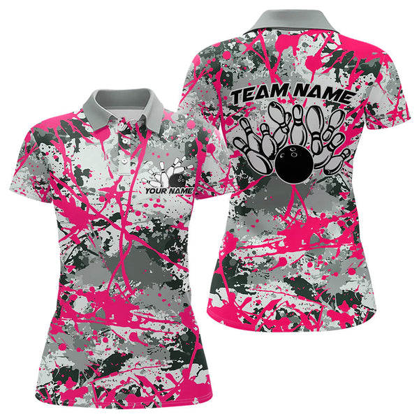 Maxcorners Custom Pink Splatter Bowling Team Polo Shirts For Men And Women Bowling Tournament Shirts