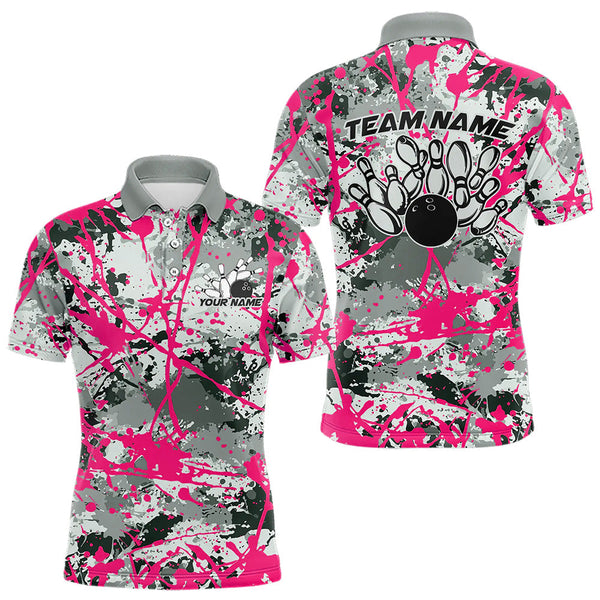 Maxcorners Custom Pink Splatter Bowling Team Polo Shirts For Men And Women Bowling Tournament Shirts