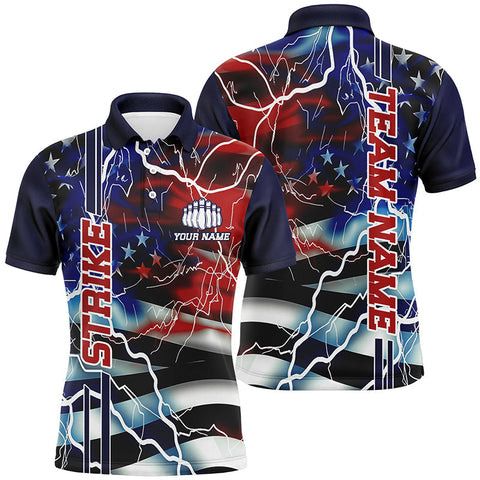 MaxCorners  American Flag Lightning Strike  Customized Name 3D And Team Name Bowlings Polo Shirt For Men