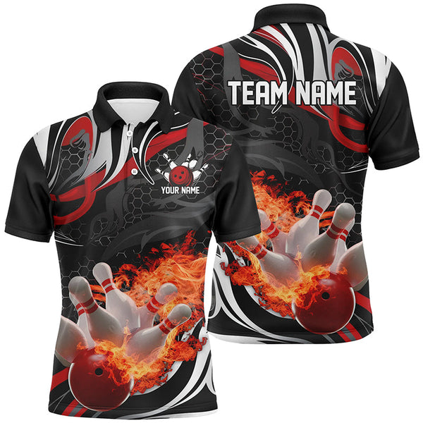 MaxCorners Bowling And Pins Red And Black Flame Customized Name, Team Name 3D Polo Shirt Unisex