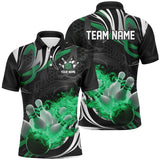 MaxCorners Bowling And Pins Green And Black Flame Customized Name, Team Name 3D Polo Shirt Unisex