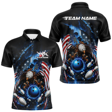 Maxcorners Custom Patriotic American Flag Bald Eagle Bowling Men Polo Shirt, US Bowling Jerseys