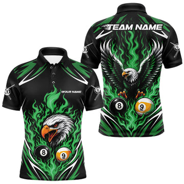 Maxcorners Custom Green Flame Eagle 8 Ball And 9 Ball Billiards Jersey Polo Shirt For Men