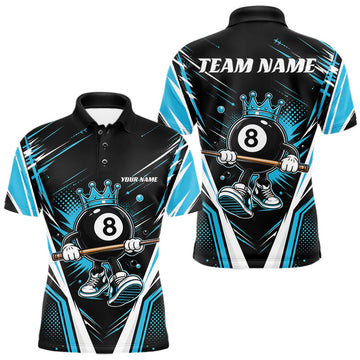 Maxcorners Custom Funny 8 Ball Wearing Crown Billiards King Men Polo Shirt, Blue Pool Team Jerseys