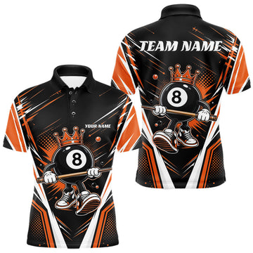 Maxcorners Custom Funny 8 Ball Wearing Crown Billiards King Men Polo Shirt, Orange Pool Team Jerseys
