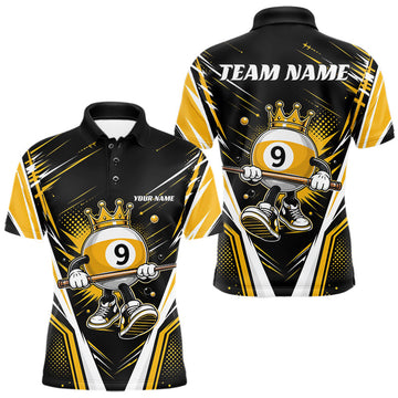 Maxcorners Custom Funny 9 Ball Wearing Crown Billiards King Men Polo Shirt, Yellow Pool Team Jerseys
