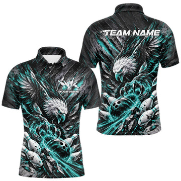 Maxcorners Custom Turquoise Eagle Bowling Polo Shirt For Men, Bowling Team Jersey Bowlers Outfit